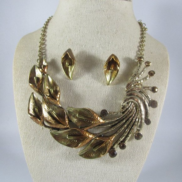 Estate Jewelry - Vintage Style Calla Pendant Enamel Rhinestone Necklace Earring Set